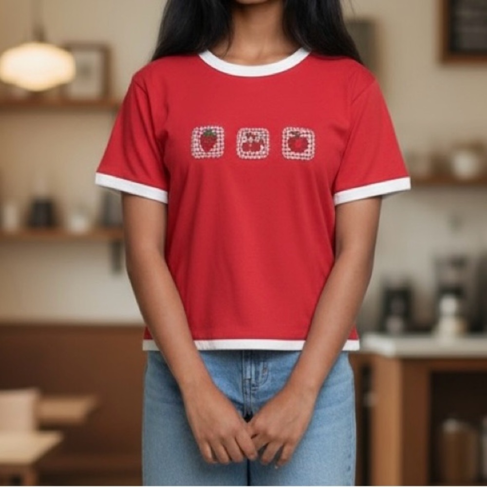 Vintage Strawberry Apple Cherry Blossom T-Shirt with White Trim Y2K Size L